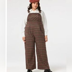 Brown Plaid Jumpsuit Pants Large Wide Leg Retro Fall Winter Romper Overall